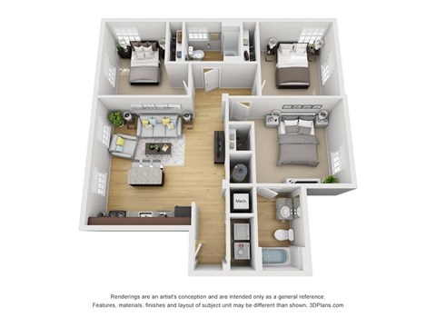 Floor plan for 3 beds, 2 baths, 1025 sqft