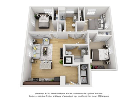 Floor plan for 3 beds, 2 baths, 1025 sqft