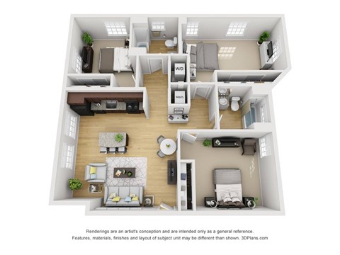 Floor plan for 3 beds, 2 baths, 1025 sqft
