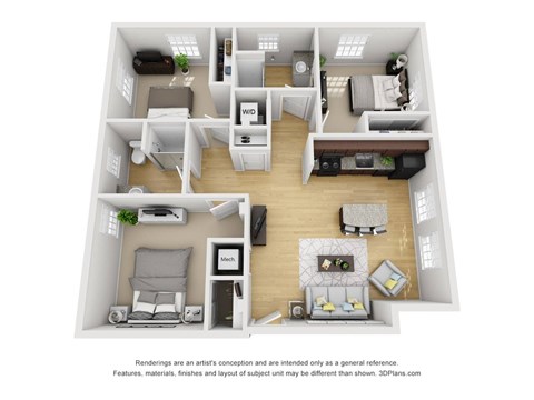 Floor plan for 3 beds, 2 baths, 1025 sqft