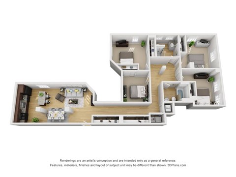 Floor plan for 4 beds, 2 baths, 1485 sqft