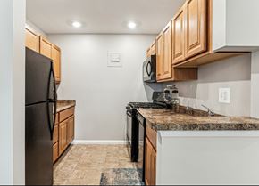 Baltimore apartment for rent - A kitchen with a black refrigerator and a granite countertop.
