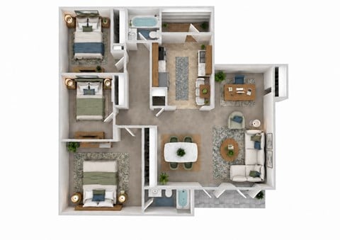 Floor plan for 3 beds, 2 baths, 930 sqft