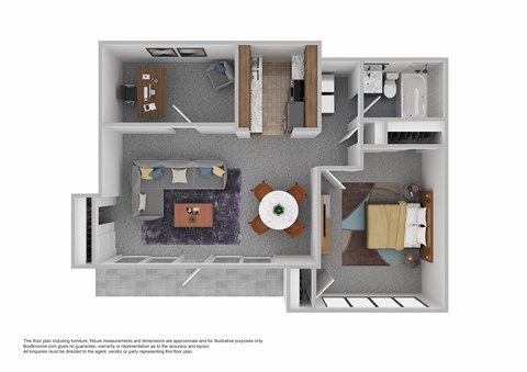 Floor plan for 1 bed, 1 bath, 622 sqft
