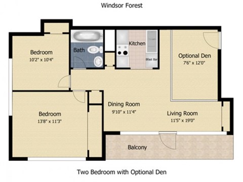 Floor plan for 2 beds, 1 bath, 745 sqft