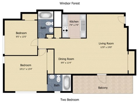 Floor plan for 2 beds, 2 baths, 744 sqft