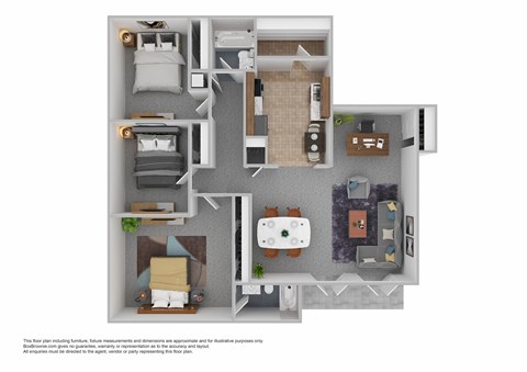 Floor plan for 3 beds, 1 bath, 930 sqft