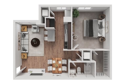 Floor plan for 1 bed, 1 bath, 723 sqft