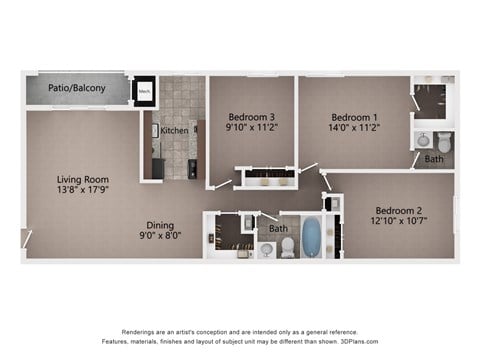 Floor plan for 3 beds, 1.5 baths, 1122 sqft