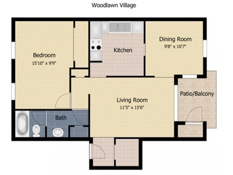 Floor plan for 1 bed, 1 bath, 717 sqft