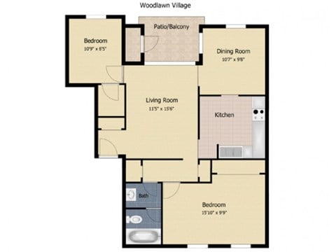 Floor plan for 2 beds, 1 bath, 812 sqft
