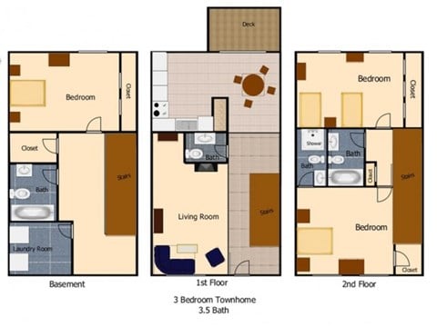 Floor plan for 3 beds, 3.5 baths, 1624 sqft