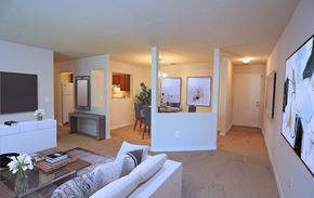 Hagerstown apartment for rent - A living room with a couch, coffee table, and television.