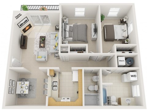 Floor plan for 2 beds, 2 baths, 960 sqft