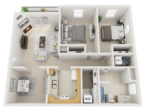 Floor plan for 2 beds, 1 bath, 960 sqft