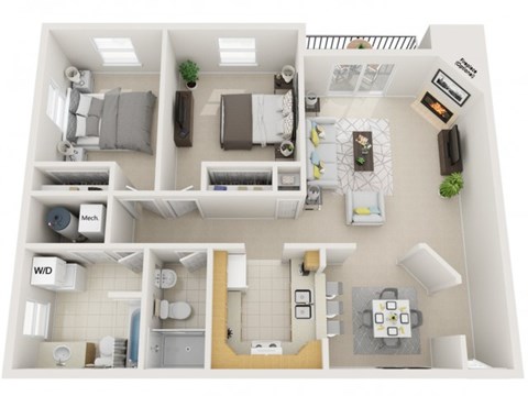 Floor plan for 2 beds, 2 baths, 1000 sqft