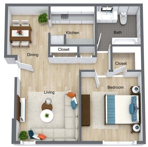 Floor plan for 1 bed, 1 bath, 650 sqft