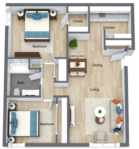Floor plan for 2 beds, 1 bath, 750 sqft