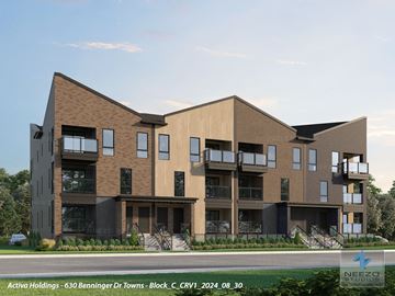 Kitchener apartment for rent - A modern building with a brick facade and large windows is depicted in the image.