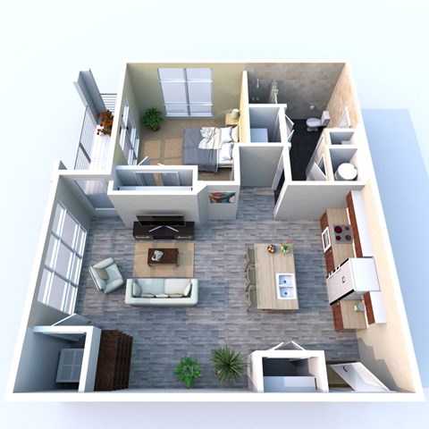 Floor plan for 1 bed, 1 bath, 729 sqft