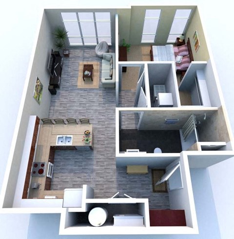 Floor plan for 1 bed, 1 bath, 728 sqft