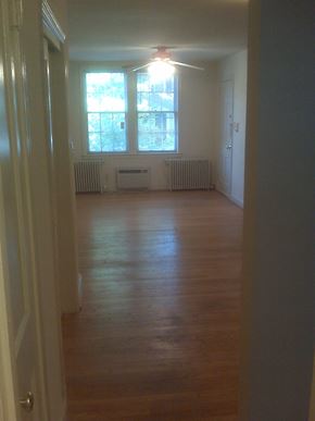Washington apartment for rent - A long hallway with a door on the left and a window with two radiators on the right.