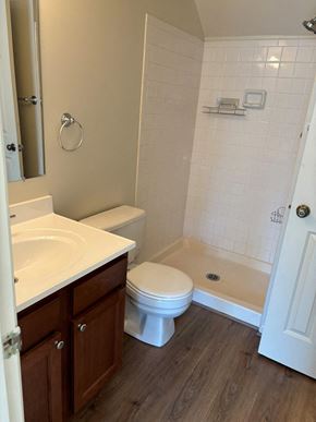 Vienna apartment for rent - A white toilet sits in a bathroom next to a sink and a walk-in shower.