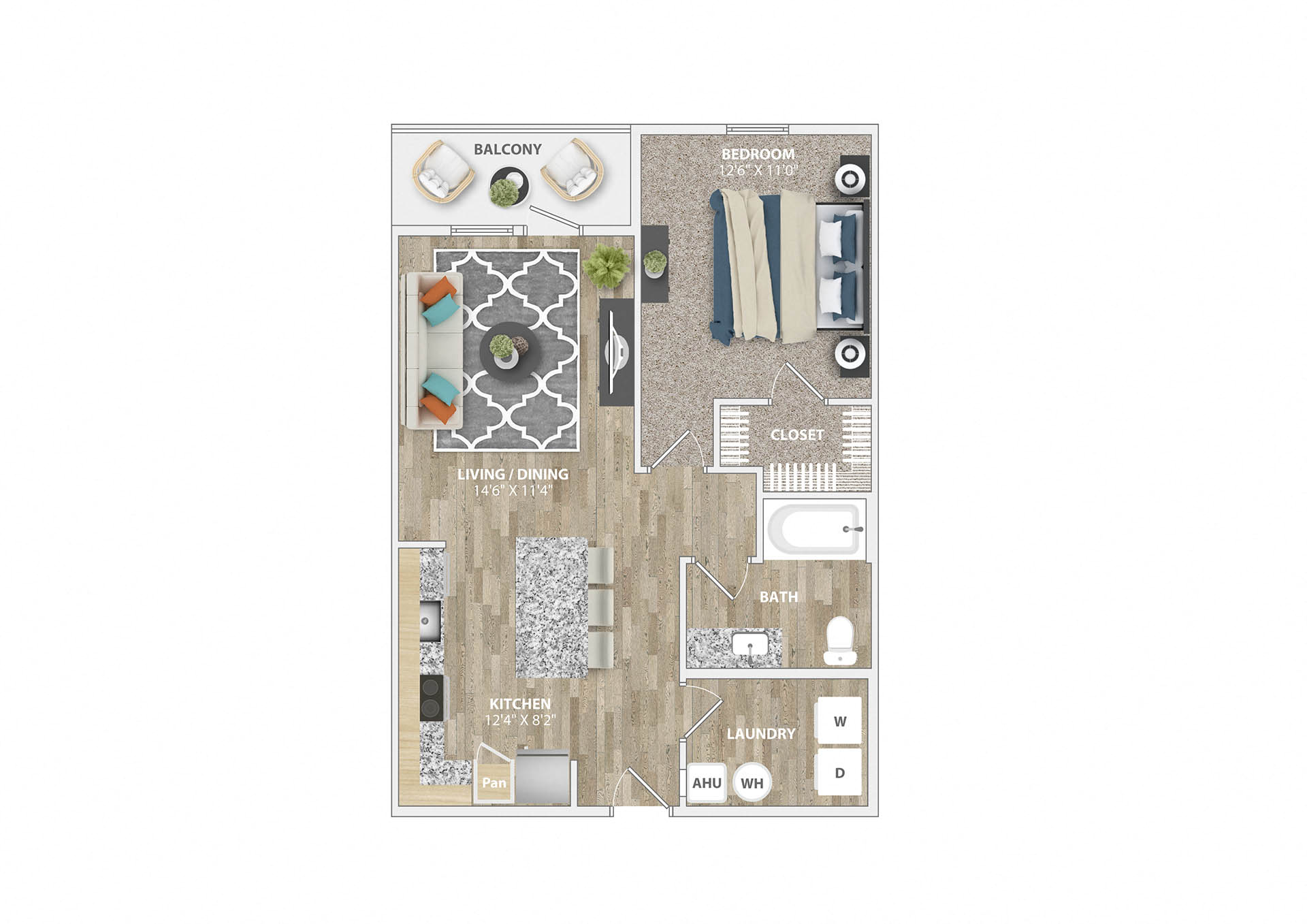 Floor plan for 1 bed, 1 bath, 756 sqft