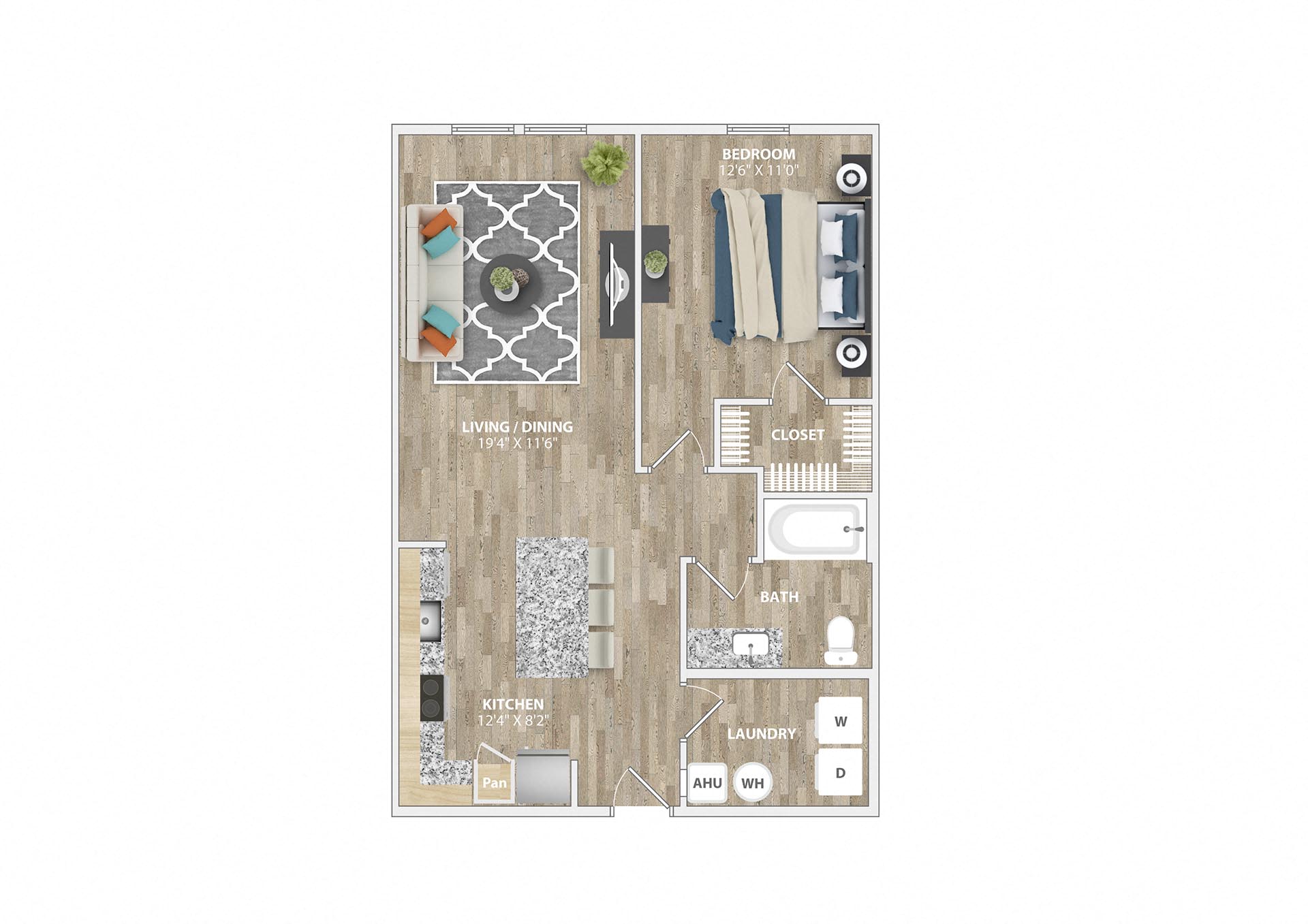 Floor plan for 1 bed, 1 bath, 816 sqft