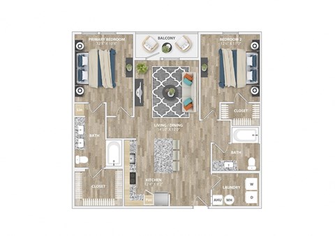 Floor plan for 2 beds, 2 baths, 1164 sqft