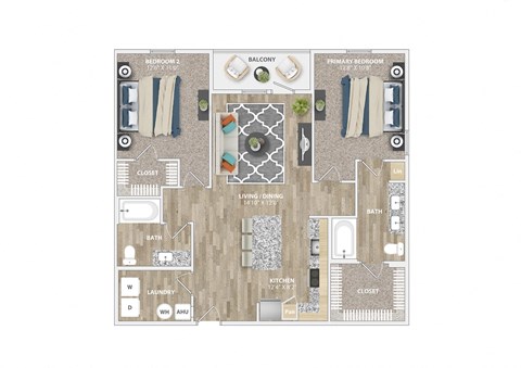 Floor plan for 2 beds, 2 baths, 1176 sqft