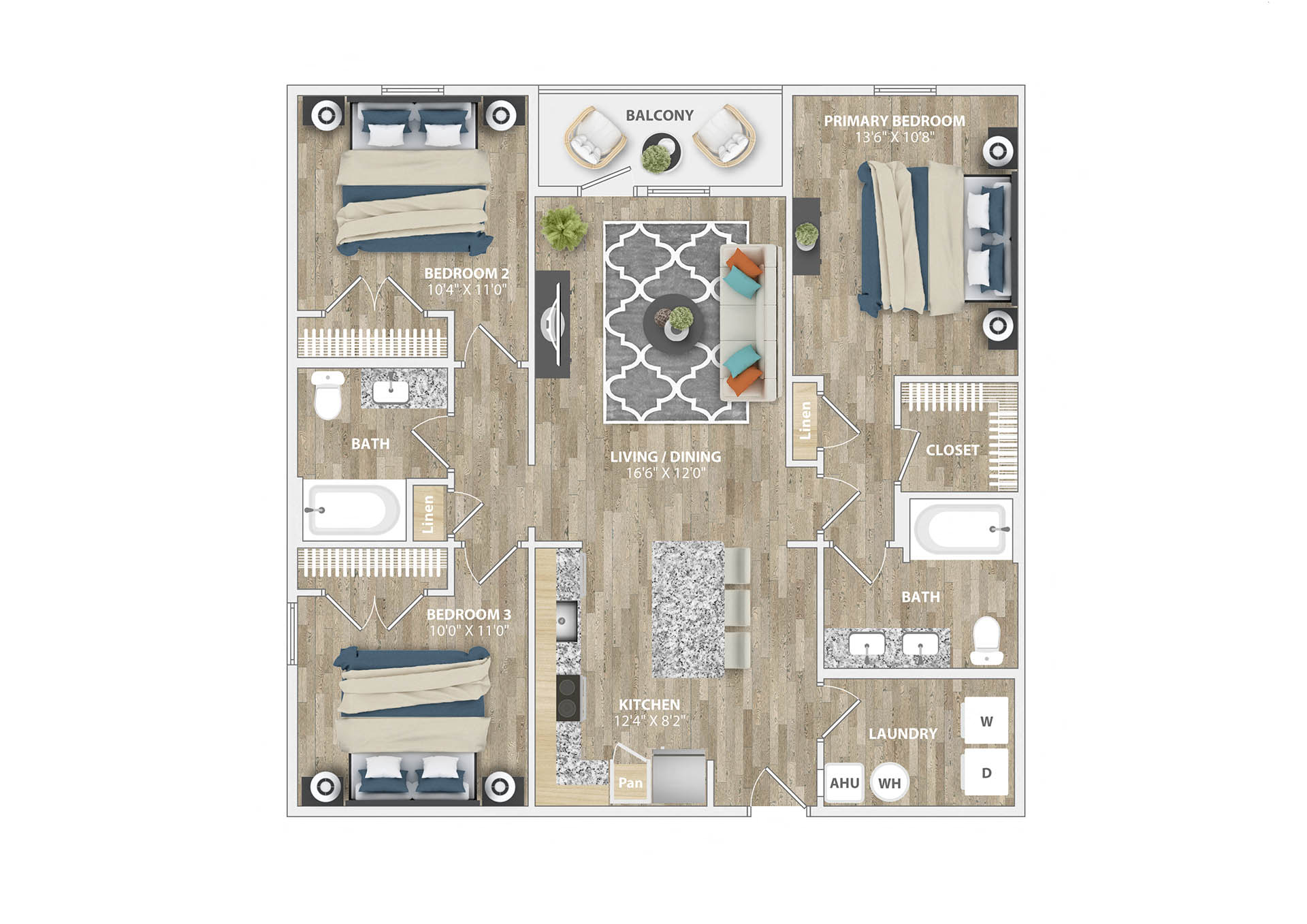 Floor plan for 3 beds, 2 baths, 1248 sqft