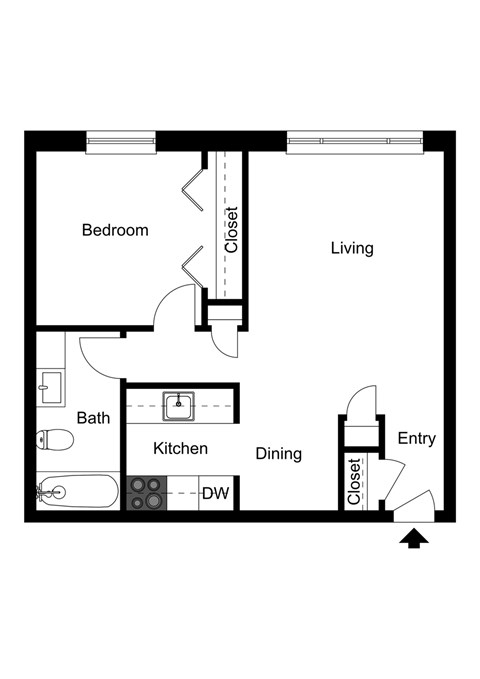 Floor plan for 1 bed, 1 bath