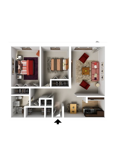 Floor plan for 2 beds, 1 bath, 965 sqft