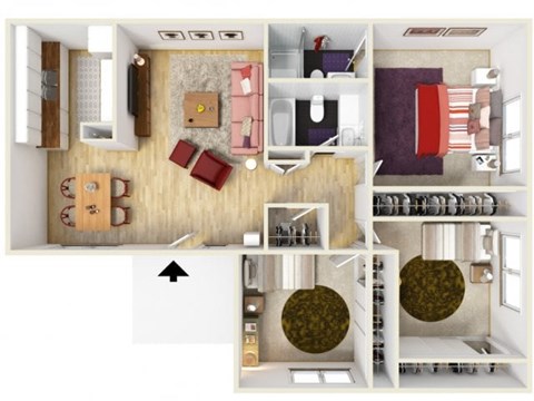 Floor plan for 3 beds, 2 baths, 1020 sqft