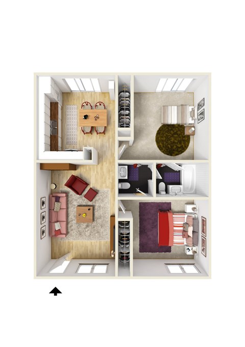 Floor plan for 2 beds, 1.5 baths, 840 sqft