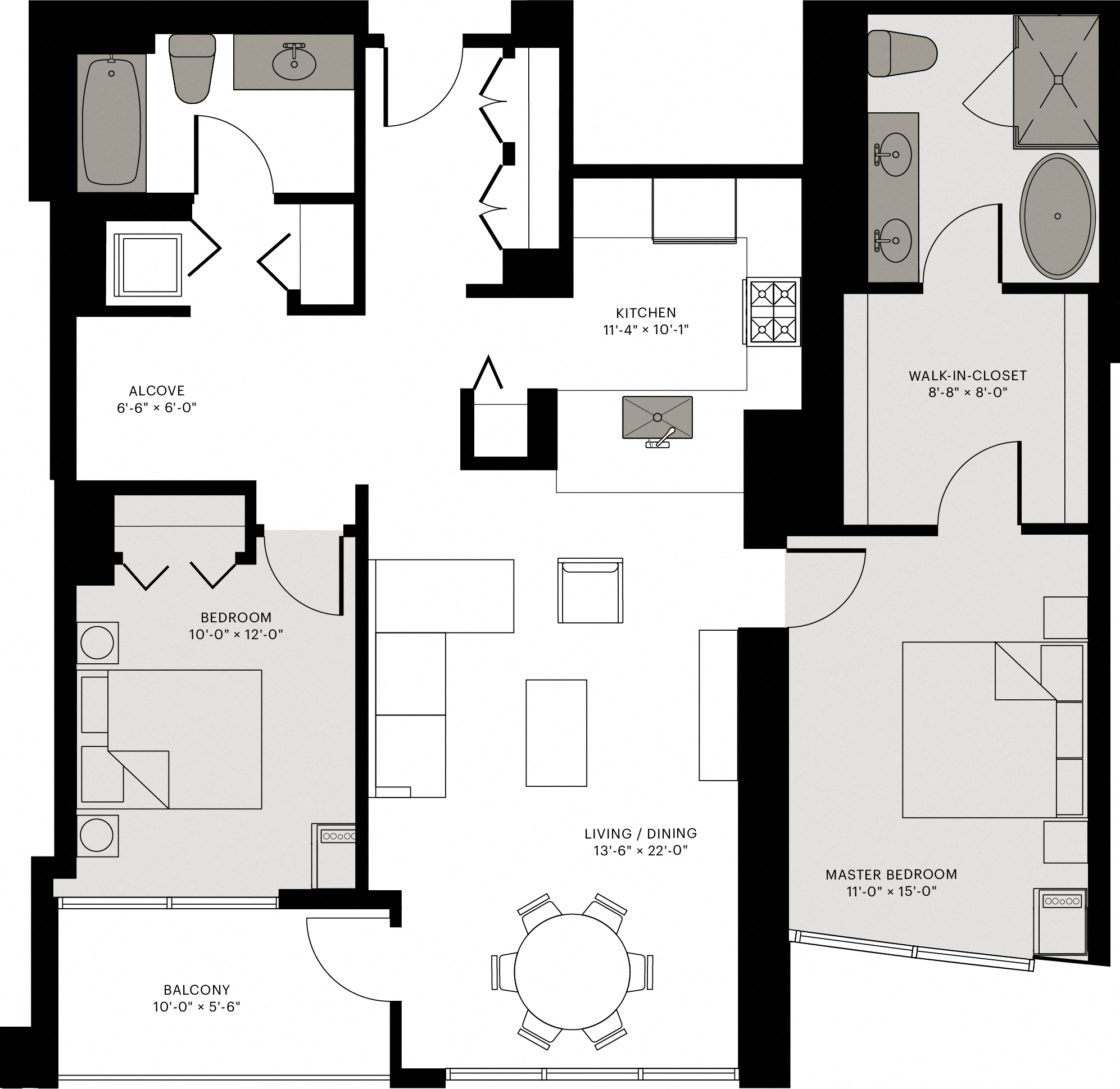 Floor plan for 2 beds, 2 baths, 1280 sqft