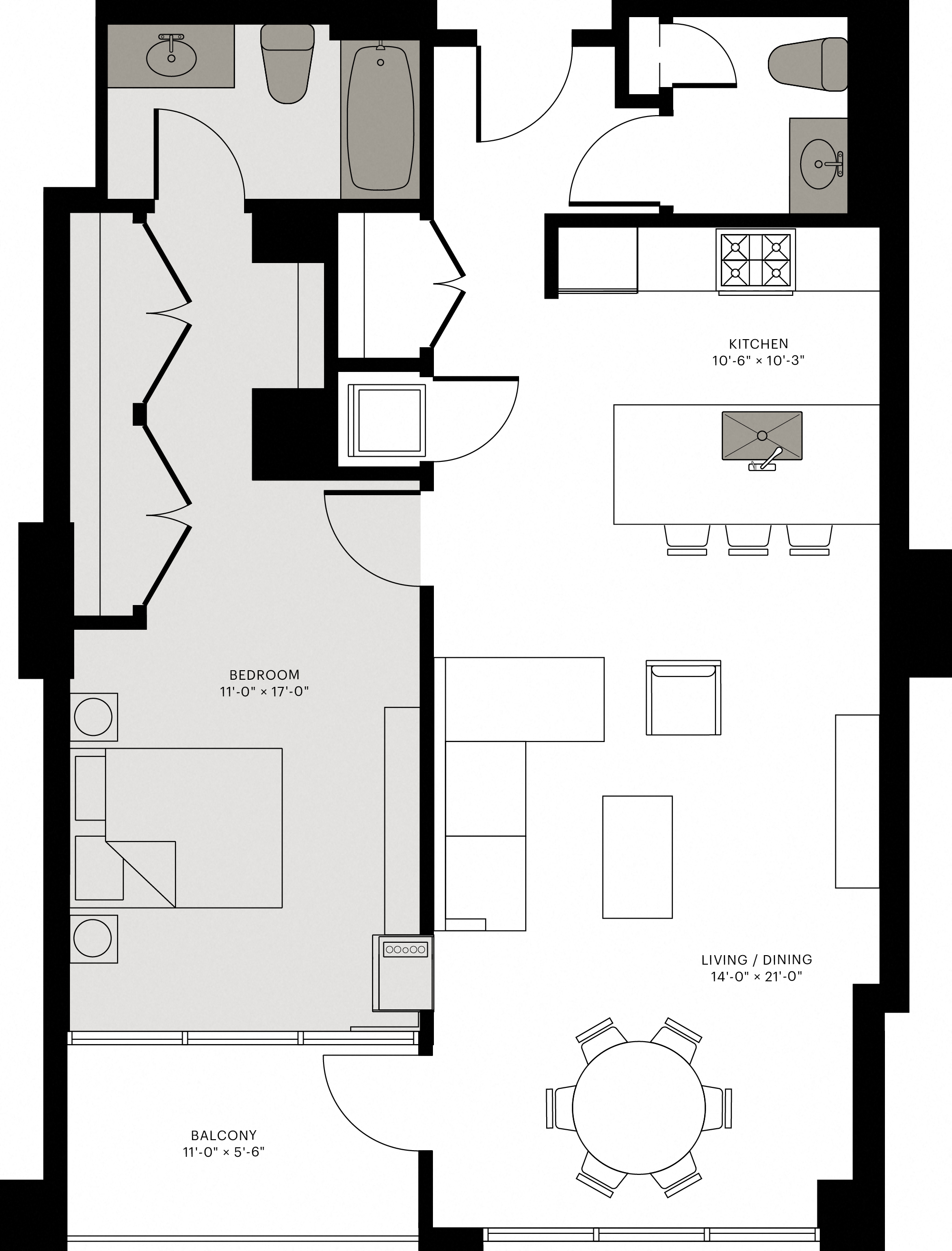 Floor plan for 1 bed, 1.5 baths, 945 sqft