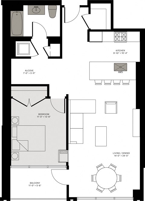 Floor plan for 1 bed, 1 bath, 920 sqft