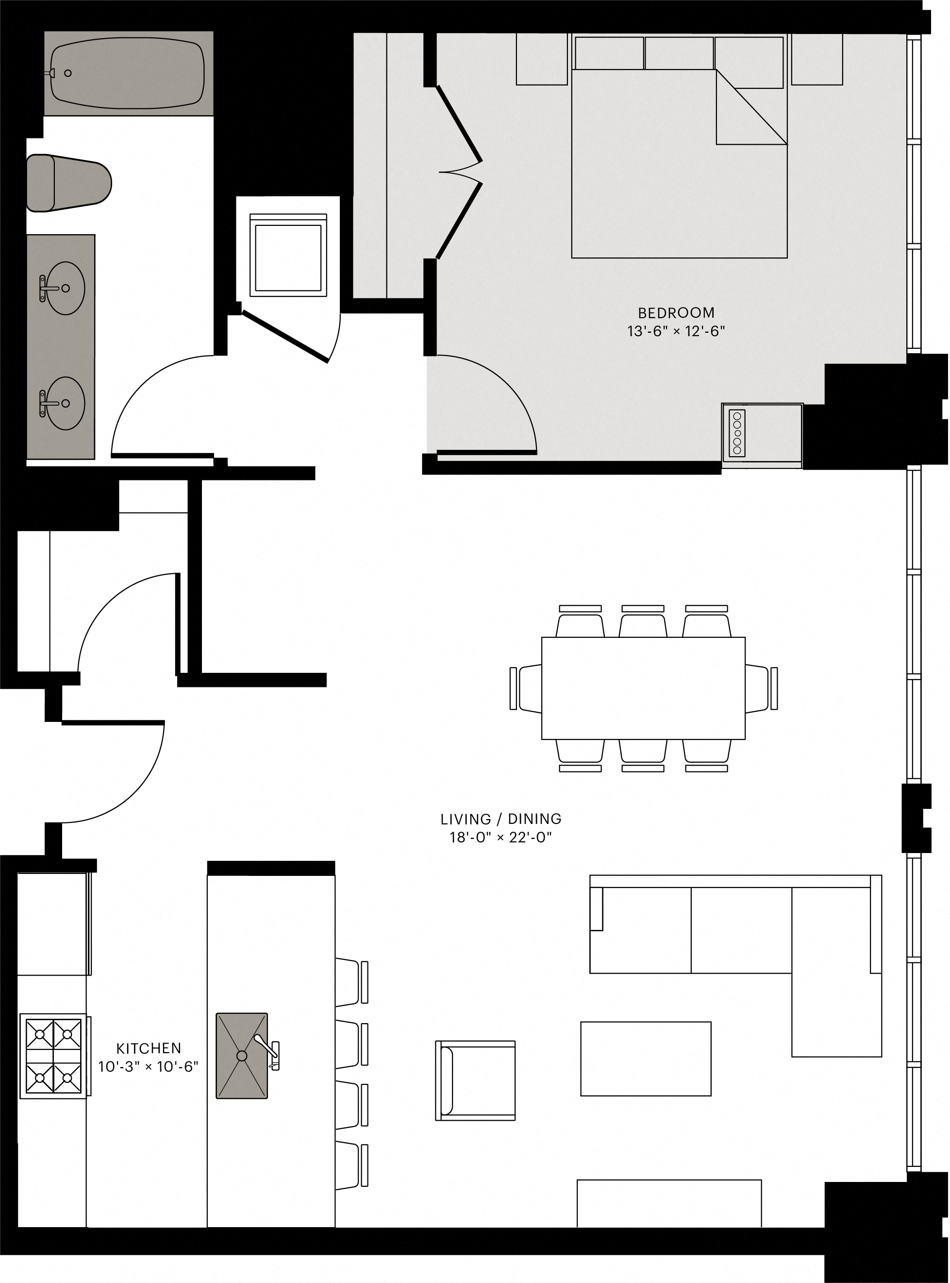 Floor plan for 1 bed, 1 bath, 960 sqft