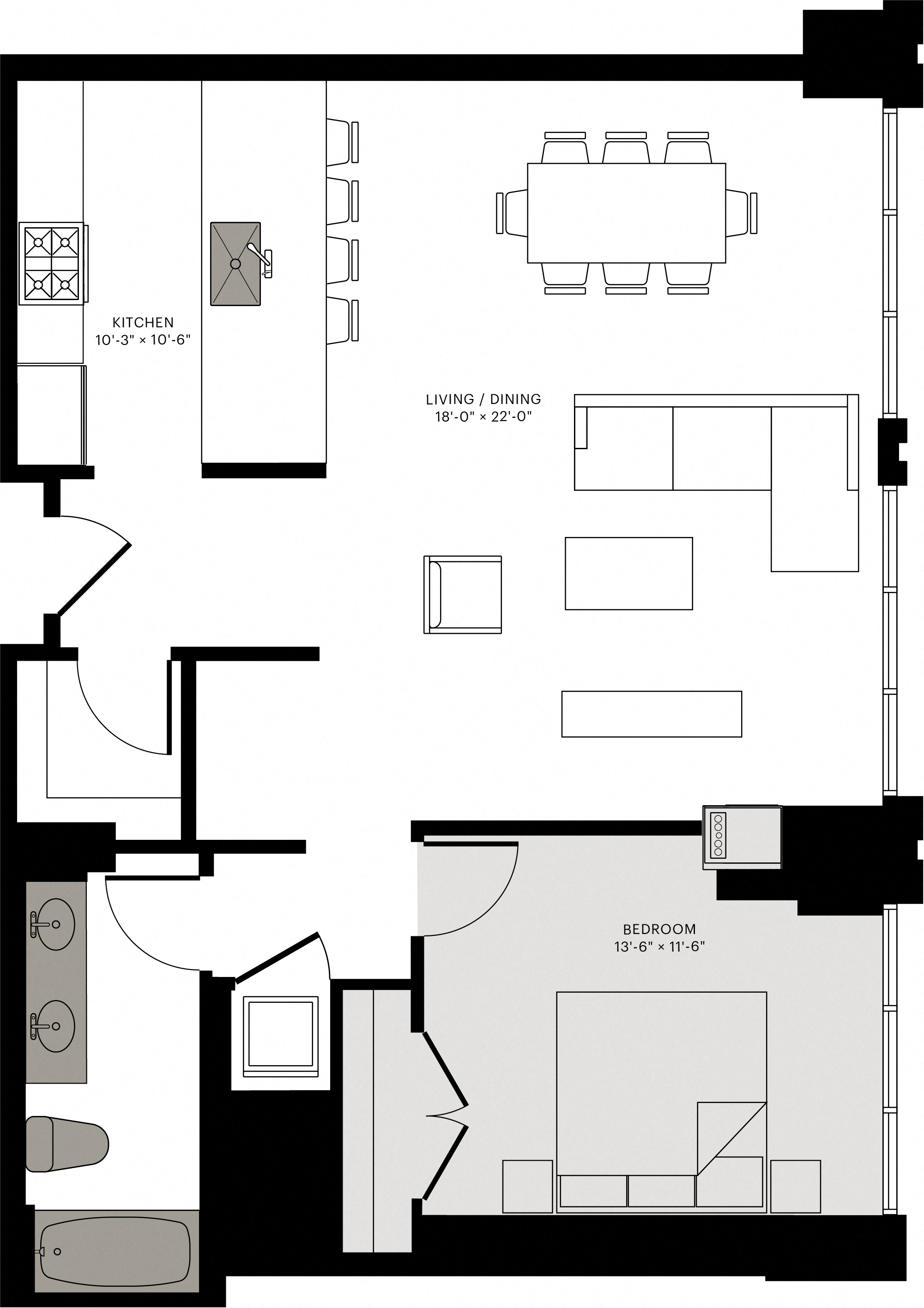 Floor plan for 1 bed, 1 bath, 965 sqft