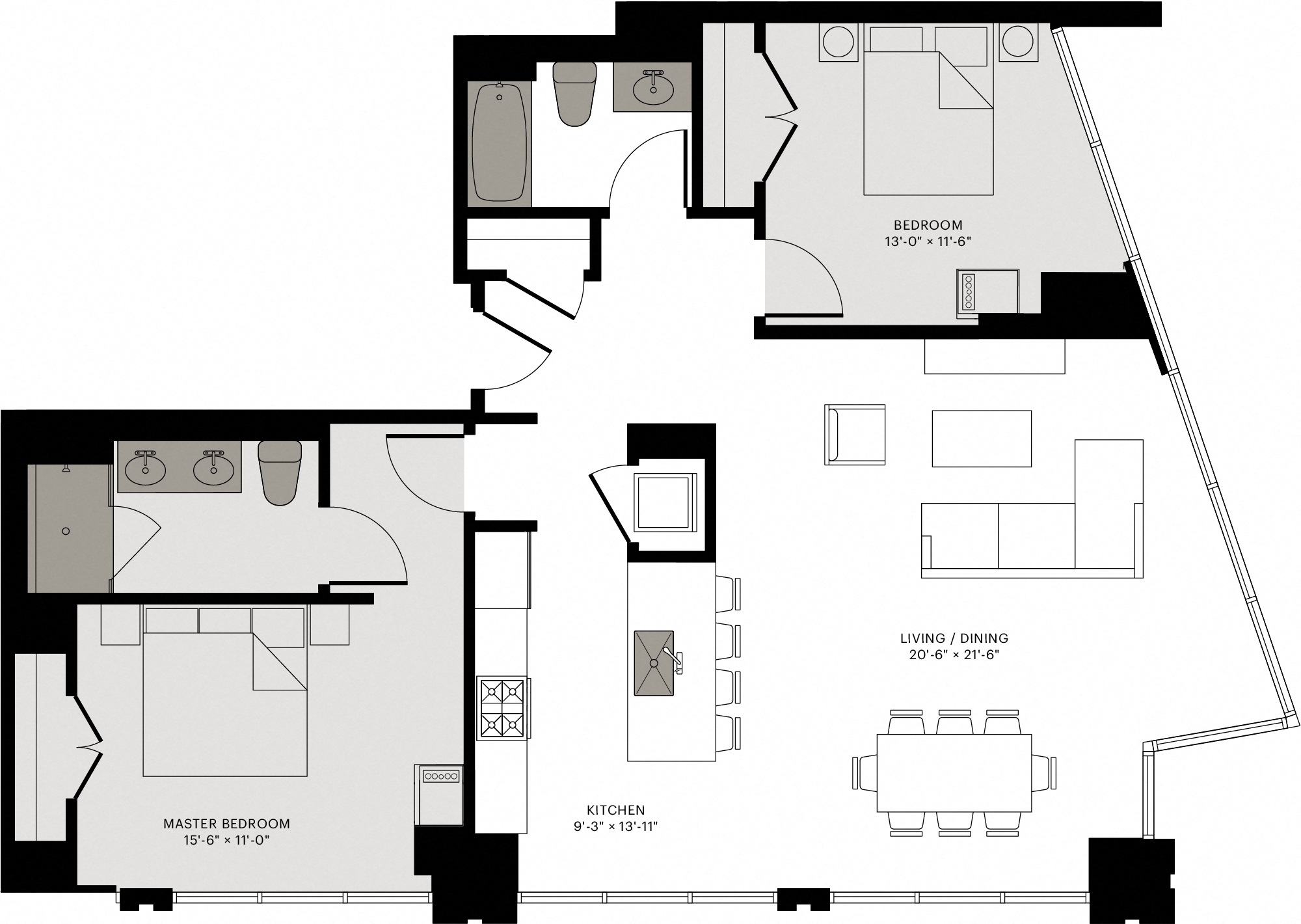 Floor plan for 2 beds, 2 baths, 1275 sqft