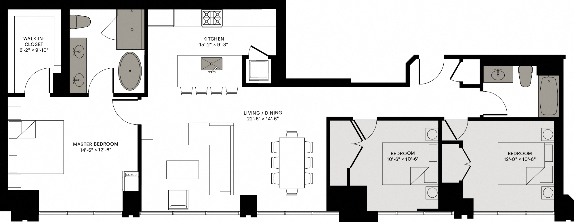 Floor plan for 3 beds, 2 baths, 1410 sqft