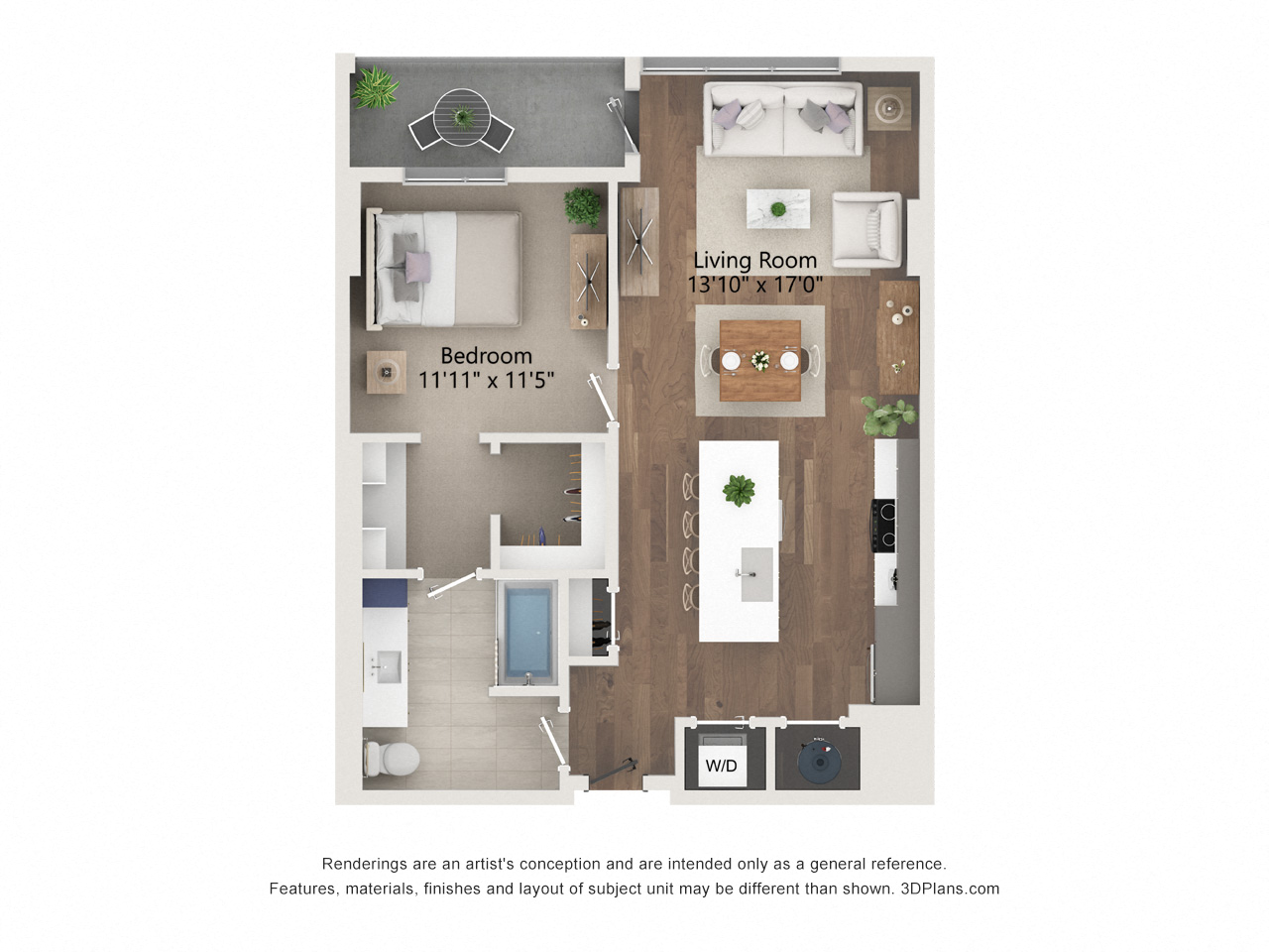 Floor plan for 1 bed, 1 bath, 847 sqft