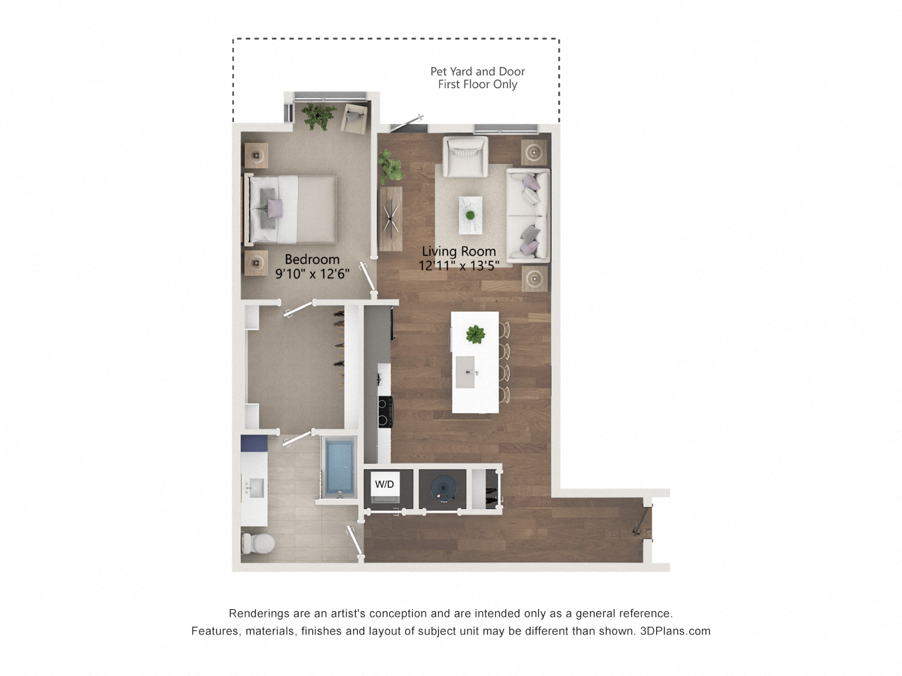 Floor plan for 1 bed, 1 bath, 847 sqft