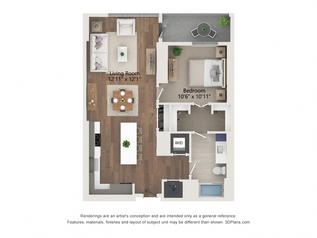 Floor plan for 1 bed, 1 bath