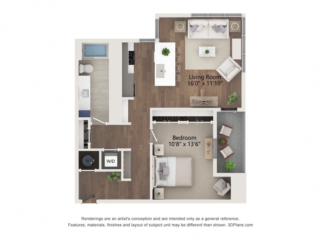 Floor plan for 1 bed, 1 bath, 879 sqft