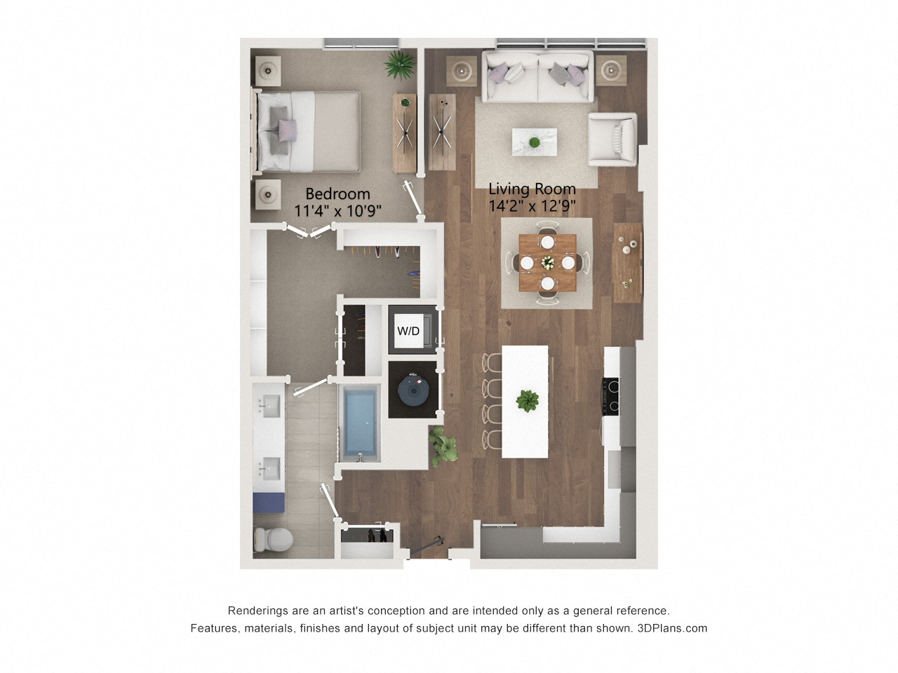 Floor plan for 1 bed, 1 bath, 912 sqft