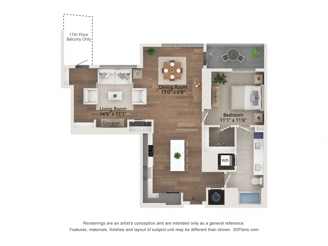 Floor plan for 1 bed, 1 bath