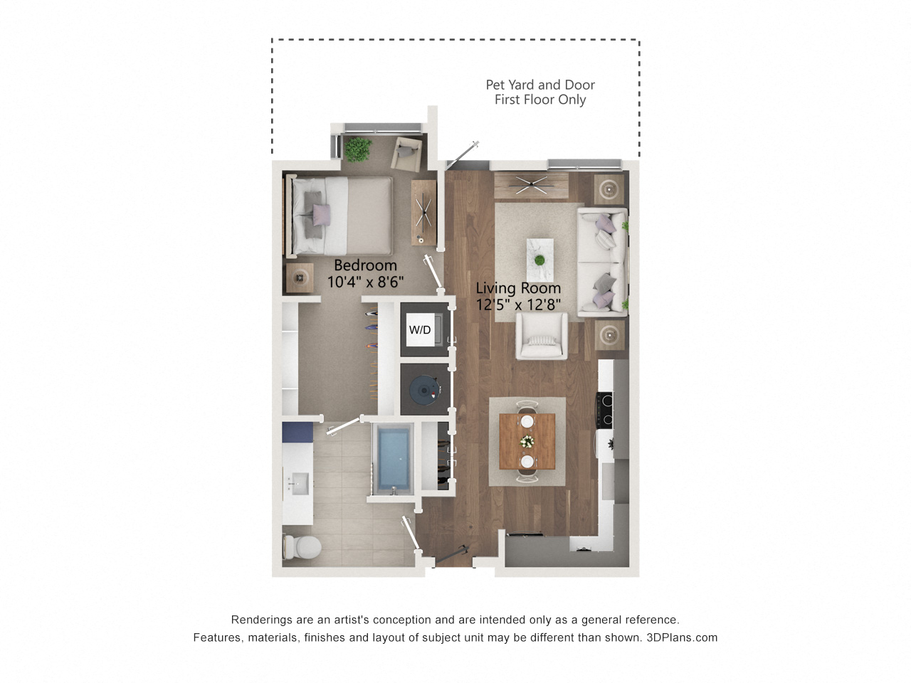 Floor plan for 1 bed, 1 bath, 676 sqft